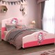 Upholstered toddler bed with cute girl pattern, made of PVC and MDF, height-adjustable for kids' comfort.