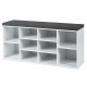 10-cube organizer entryway padded shoe storage bench in white with removable cushion, perfect for versatile storage.