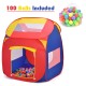 Portable kid play house tent in red and blue with mesh windows, includes 100 colorful balls for imaginative play.