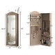 Wall-mounted jewelry armoire cabinet with mirror, featuring hooks, shelves, and ring slots for organized storage.