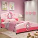 Kids upholstered platform bed with cute girl patterns, bright colors, and adjustable height for toddler safety.