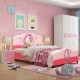 Upholstered toddler bed with cute girl patterns, made of PVC and MDF, designed for stability and safety in kids' rooms.