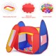 Colorful portable kid play house tent with mesh windows and 100 balls, perfect for imaginative play in various settings.