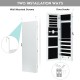 Door mounted lockable mirrored jewelry cabinet with LED lights, featuring velvet liner and multiple storage options for.