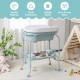 Folding baby changing table with bathtub in blue, featuring sturdy steel frame, storage basket, and 4 universal wheels.