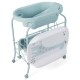Folding baby changing table with bathtub in blue, featuring 4 wheels, storage basket, and waterproof top pad for easy.