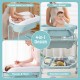 Folding baby changing table with bathtub, blue, featuring 4-in-1 design for diaper changes, bathing, and storage.