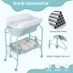 Folding baby changing table with bathtub, sturdy steel frame, waterproof pad, and 4 wheels for easy mobility and.