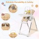 4-in-1 foldable baby high chair in yellow with adjustable heights, removable toy bar, and 5-point safety harness.