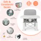 Portable baby booster seat in gray with double tray, safety harness, and anti-falling baffle for indoor and outdoor use.