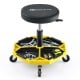 Pneumatic rolling mechanic stool in yellow with padded seat and large tool tray, adjustable height from 16 to 22 inches.