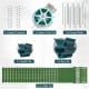 A-Frame garden trellis components including clips, stakes, and cable ties for supporting climbing plants in green.