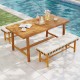 Acacia wood dining table for 6 with smooth surface, umbrella hole, ideal for outdoor dining by the pool.