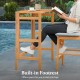 Acacia wood outdoor bar table with slatted tabletop and built-in footrest, perfect for balcony or patio use.