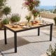 Acacia wood outdoor dining table with umbrella hole, seating up to 6 people, perfect for patio or garden use.