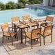 Acacia wood outdoor dining table with 1.97" umbrella hole, seating 6 people, ideal for patio or poolside gatherings.