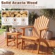 Acacia wood outdoor patio chair with curved seat, angled backrest, and wide armrests for comfortable lounging.