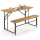 Acacia wood patio table bench for 2 people with a solid wood top and reinforced metal frame, perfect for outdoor.
