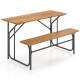 Acacia wood patio table and bench set for 2 people with a reinforced metal frame, perfect for outdoor relaxation.