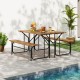 Acacia wood patio table with bench for 2, featuring a solid wood top and reinforced metal frame, perfect for outdoor.