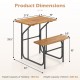Acacia wood patio table and bench set dimensions with a solid tabletop and reinforced metal frame for outdoor use.