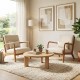 Beige corduroy accent chair with lumbar pillow and solid wood frame, ideal for living rooms and reading spaces.