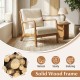 Beige corduroy upholstered accent chair with solid wood frame and lumbar pillow, ideal for living rooms and home.