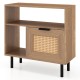 Accent side end table with natural wood finish, PE rattan cabinet, and metal legs, perfect for small spaces.