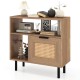 Accent side end table in natural finish with PE rattan cabinet, metal legs, and storage for small spaces.