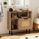 Accent side end table with natural finish, featuring PE rattan cabinet and metal legs, perfect for small spaces.