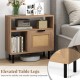 Accent side end table with natural wood finish, PE rattan surface, and storage cabinet, ideal for small spaces.