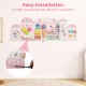 Wooden pink activity wall busy board with 11 learning activities for toddlers, promoting play and fine motor skills.
