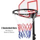 Adjustable basketball hoop with durable nylon net, featuring red and blue colors, ideal for indoor and outdoor use.