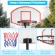 Adjustable basketball hoop system with a sturdy PE backboard, nylon net, and easy-move wheels for indoor and outdoor.