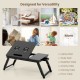 Adjustable bamboo laptop desk with tilting top, drawer, and fan-shaped design for versatile use in various settings.