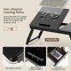 Adjustable bamboo laptop desk with tilting top, fan-shaped cooling holes, and pull-out drawer for convenient storage.