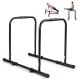 Adjustable dip bar station in black with foam-padded handles, ideal for dips and push-ups, supports 660 lbs capacity.