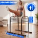 Adjustable dip bar station in black with 4 height settings, 660 lbs capacity, ideal for home gym workouts and stability.