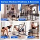 Adjustable dip bar station showcasing various exercises like push-ups, dips, and leg raises for home gym workouts.