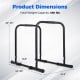 Adjustable dip bar station dimensions showing 660 lbs capacity, with height and width settings for versatile workouts.