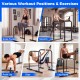 Adjustable dip bar station in use for various exercises like dips and leg raises, featuring a sturdy black metal frame.