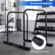 Adjustable dip bar station in black with foam-padded handles and anti-slip foot pads for stable strength training.
