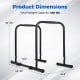 Adjustable dip bar station dimensions showing 660 lbs capacity, designed for calisthenics and strength training.