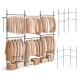 Adjustable floor-to-ceiling clothes rack with multiple hanging rods and ample storage space for versatile wardrobe organization.