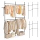 Adjustable black floor-to-ceiling clothes rack with 4 hanging rods, ideal for versatile storage in closets or rented spaces.