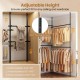 Adjustable floor-to-ceiling clothes rack in black with four hanging rods, perfect for maximizing wardrobe space.