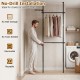 Adjustable floor-to-ceiling clothes rack in black with two hanging rods, perfect for closets or rented spaces without wall damage.