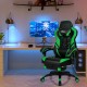 Front view of the adjustable gaming chair in green with a sturdy structure, high back, and retractable footrest for.
