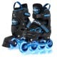 Adjustable kids' inline skates in blue with illuminating wheels, designed for ages 5-14, featuring triple safety.