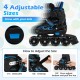 Adjustable kids' inline skates in blue with illuminating wheels, featuring 4 sizes for ages 5-14, designed for safety.